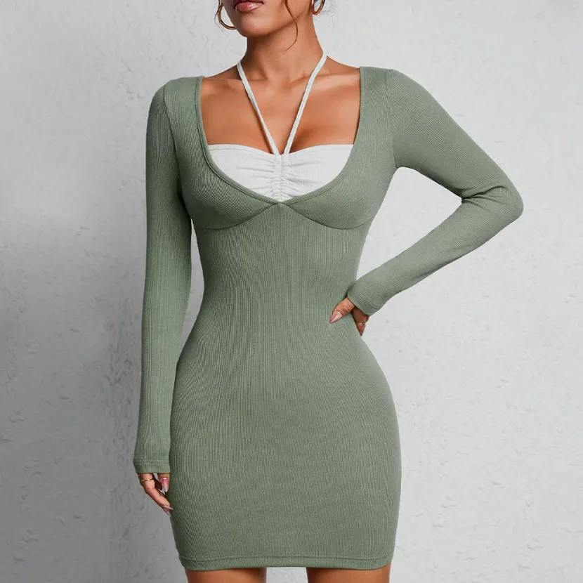 Long Sleeve Square Neck Dress Sexy Design Tie Waist Mid Waist Bodycon Fit Winter Fashion for Par