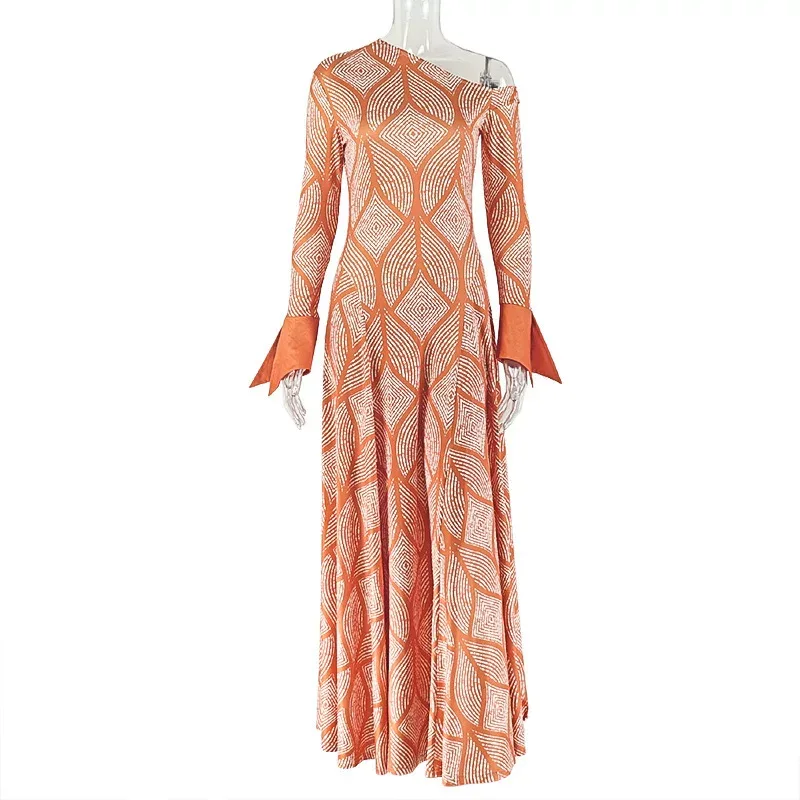 A Line Floral Print Dress Comfortable Fit One Shoulder Long Sleeve Casual Workwear or Daily Wear