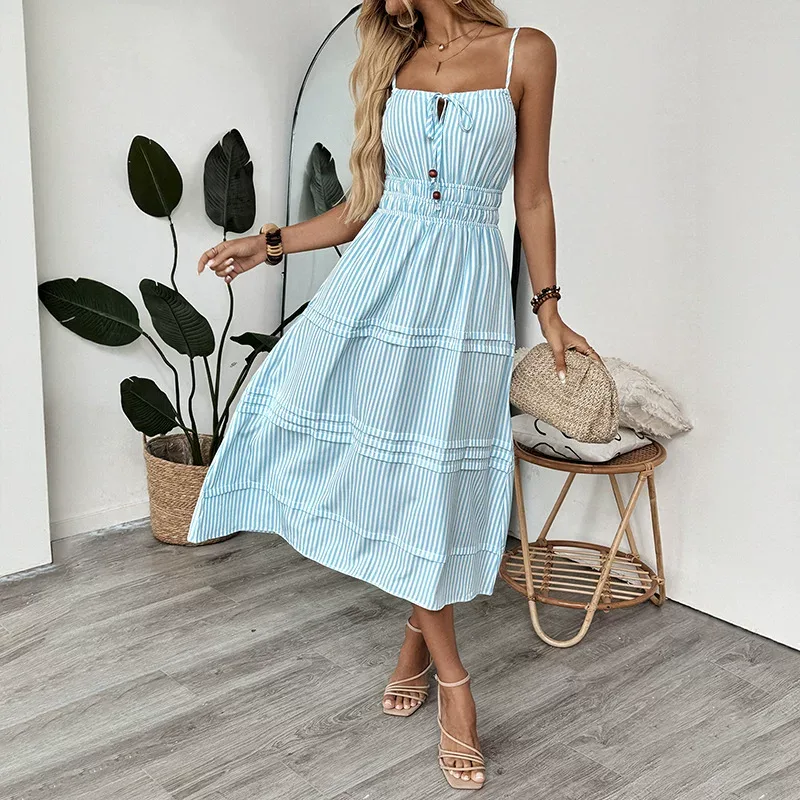 Striped Sleeveless Dress with Decorative Straps Beach Vacation Style Lightweight Summer Fabric W