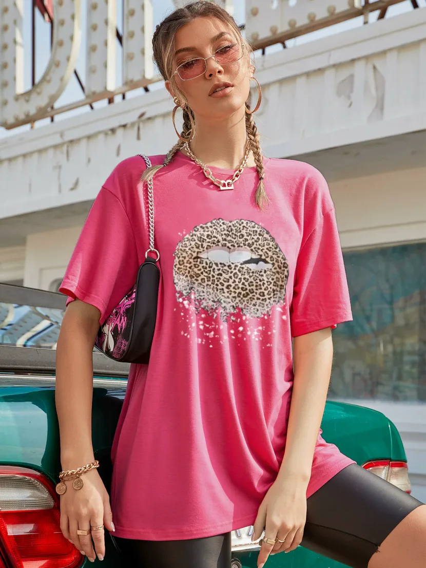 Fashionable Womens Short Sleeve T Shirt Round Neck Printed Design Casual Style Spring Summer Col