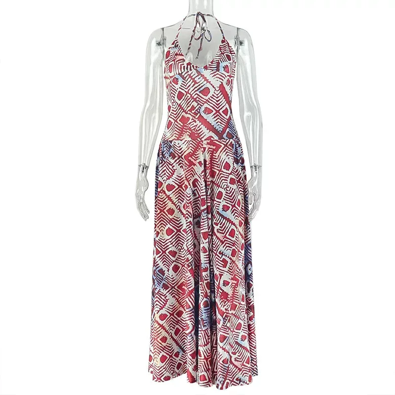 Womens A Line Dress Color Block Floral Print Halter Neck Backless Slim Fit for Casual Outings Wh