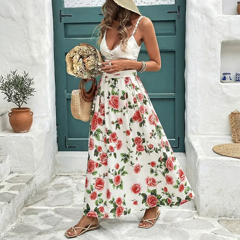 High Waisted Floral Print Skirt Sweet Vacation Style Womens Summer Fashion Wholesale Available