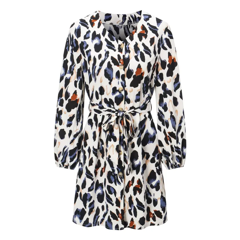 Fashionable Long Sleeve V Neck Printed Flare Sleeve Casual Dress Womens European and American St