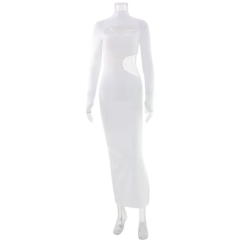 Elegant High Neck Long Sleeve Bodycon Dress Hollow Out Design Solid Color Slim Fit Perfect for E