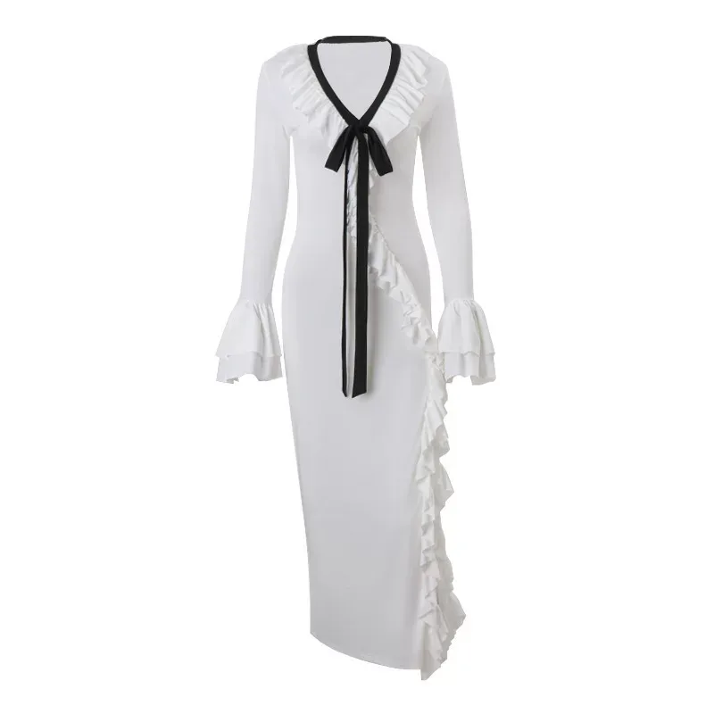 V Neck Ruffled Design Dress Sexy Elegant Long Sleeve Split Hem Winter Collection Wholesale Avail