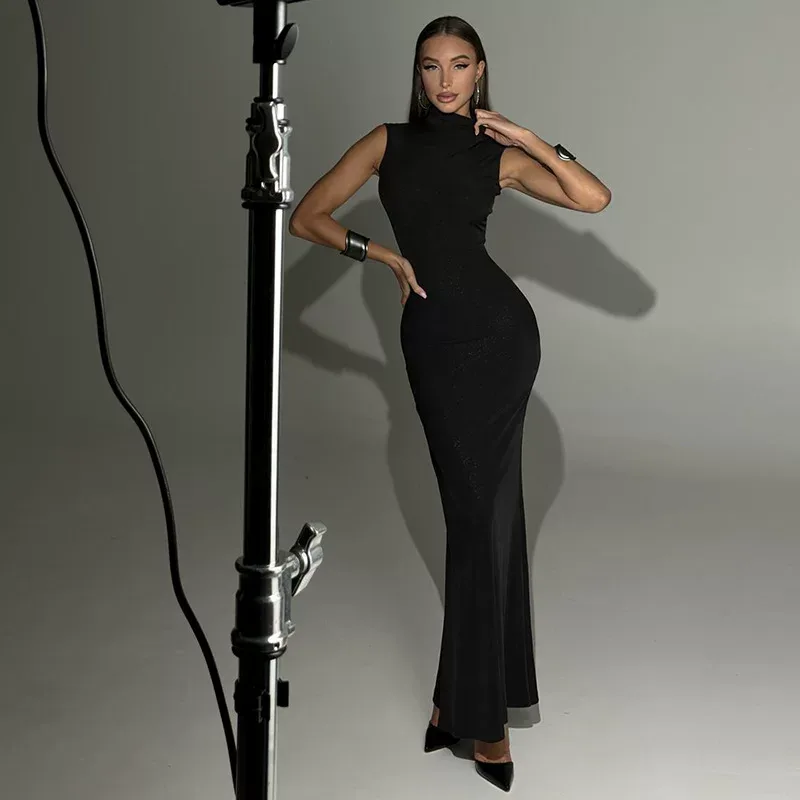 Sleeveless High Neck Bodycon Dress Solid Color Mermaid Hem Elegant Fit Perfect for Parties and F