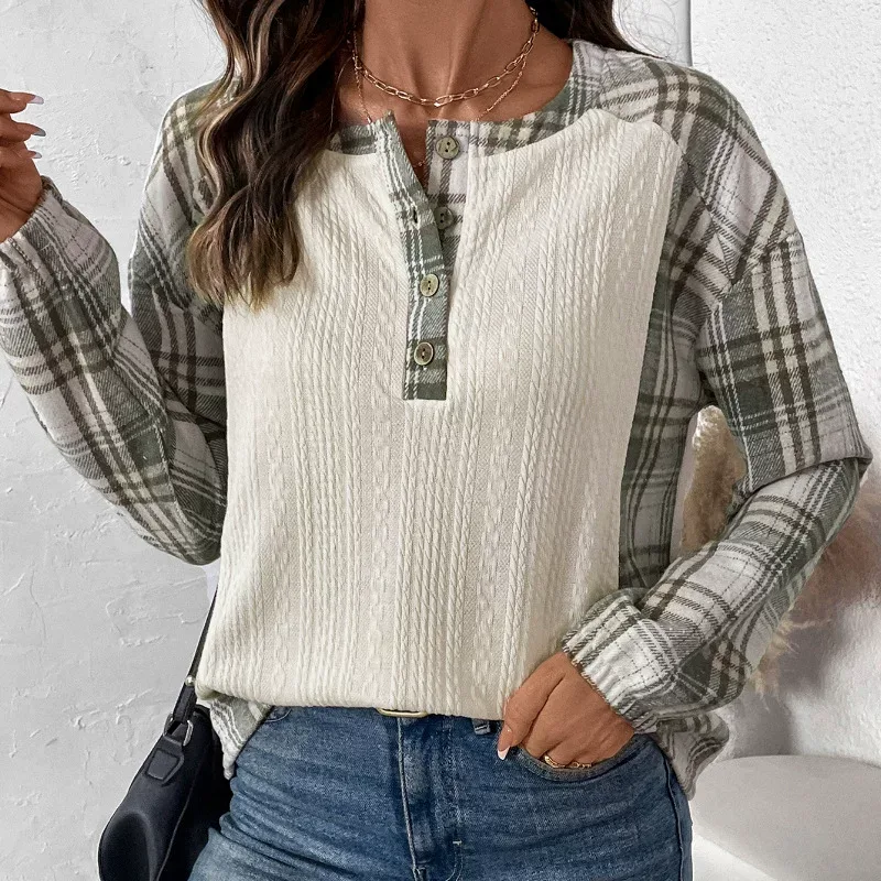 Casual Vintage Plaid Patchwork Top Textured Fabric Simple Design Autumn Style Wholesale Availabl