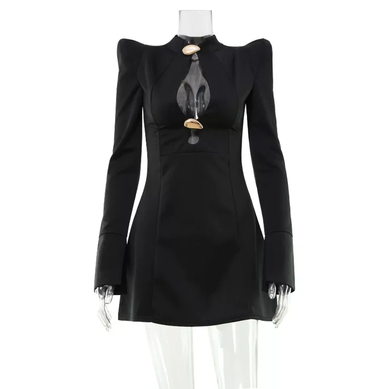 Fashionable Womens Hollow Out Dress Sexy Shoulder Pads Solid Color Waist Defining Design Autumn