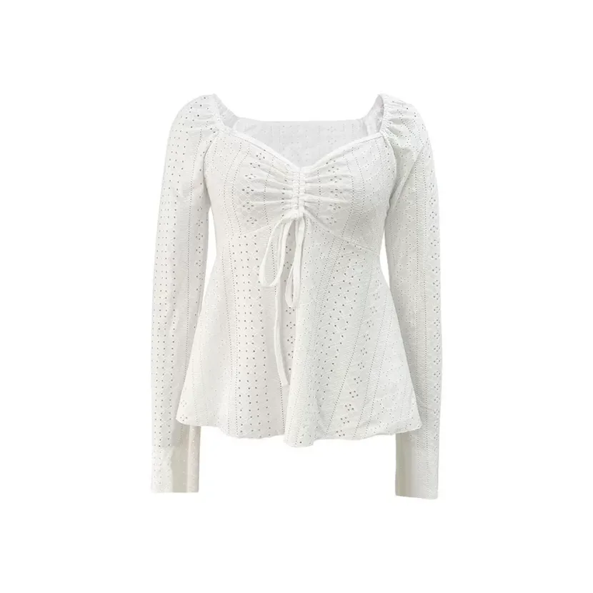 Elegant Womens Long Sleeve Top Solid Color U Neck Lace Trim Tie Detail Winter Fashion Wholesale