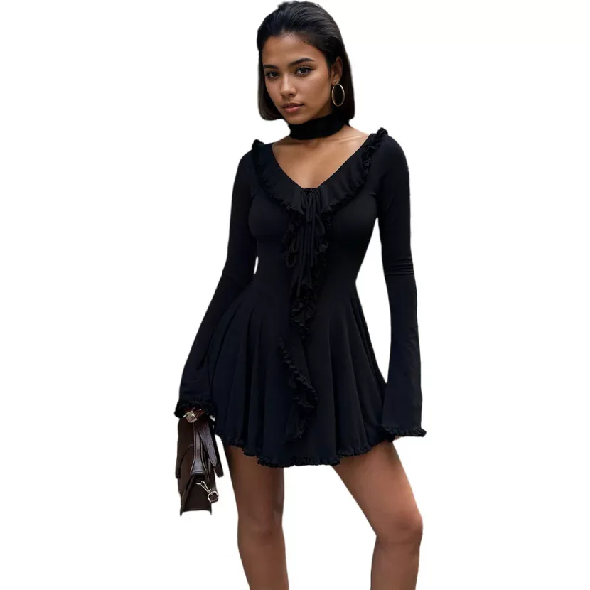 Chiffon A Line Dress Long Sleeve V Neck Ruffle Trim Slim Fit Fashionable for Parties or Casual E