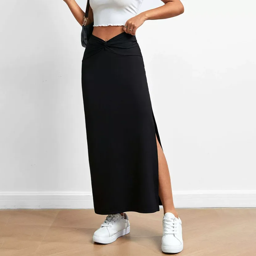 High Waisted Pleated Maxi Skirt Elegant Design Lightweight Fabric Side Slit Spring Summer Fashio