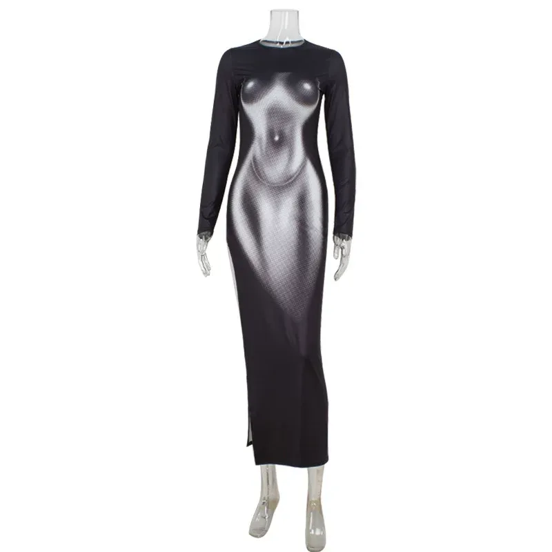 3D Body Print Long Sleeve Bodycon Dress Stylish Slim Fit Spring Fashion Perfect for Parties and