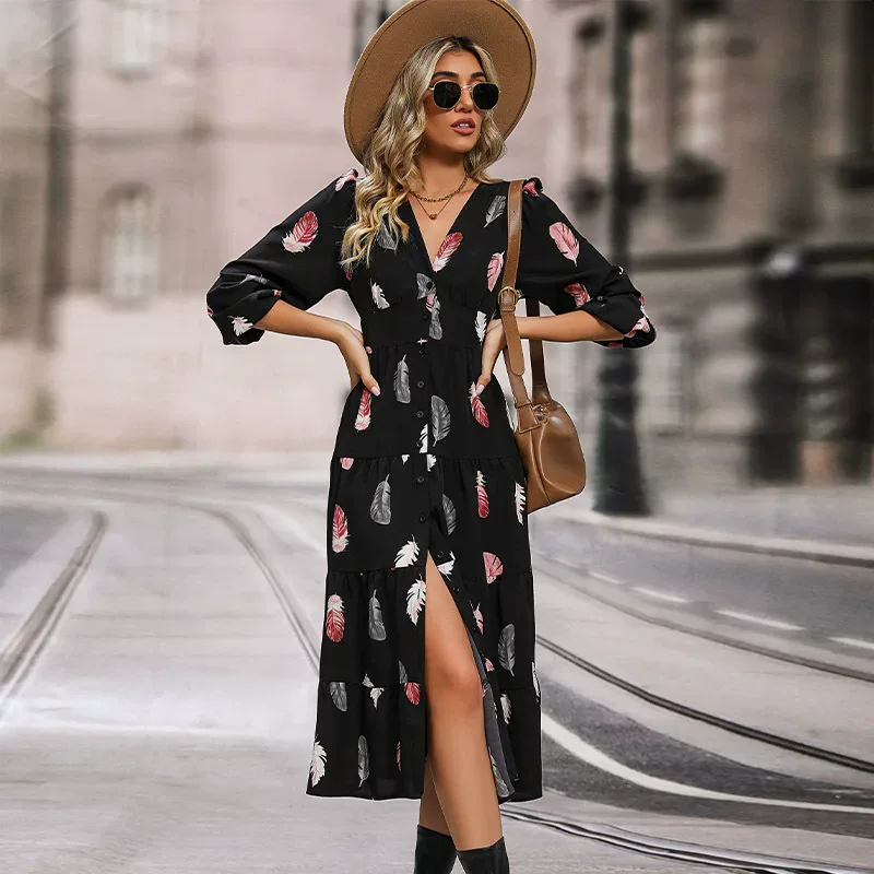 Romantic Elegant Colorful Feather Print Dress Three Quarter Sleeve Spring Fall Style Wholesale A