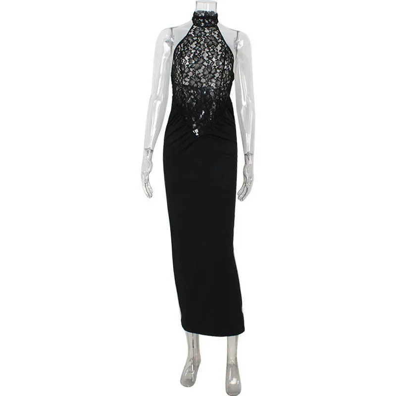 Elegant Sleeveless Lace Trimmed Bodycon Dress Hollow Out Design Red Carpet Style Perfect for Eve