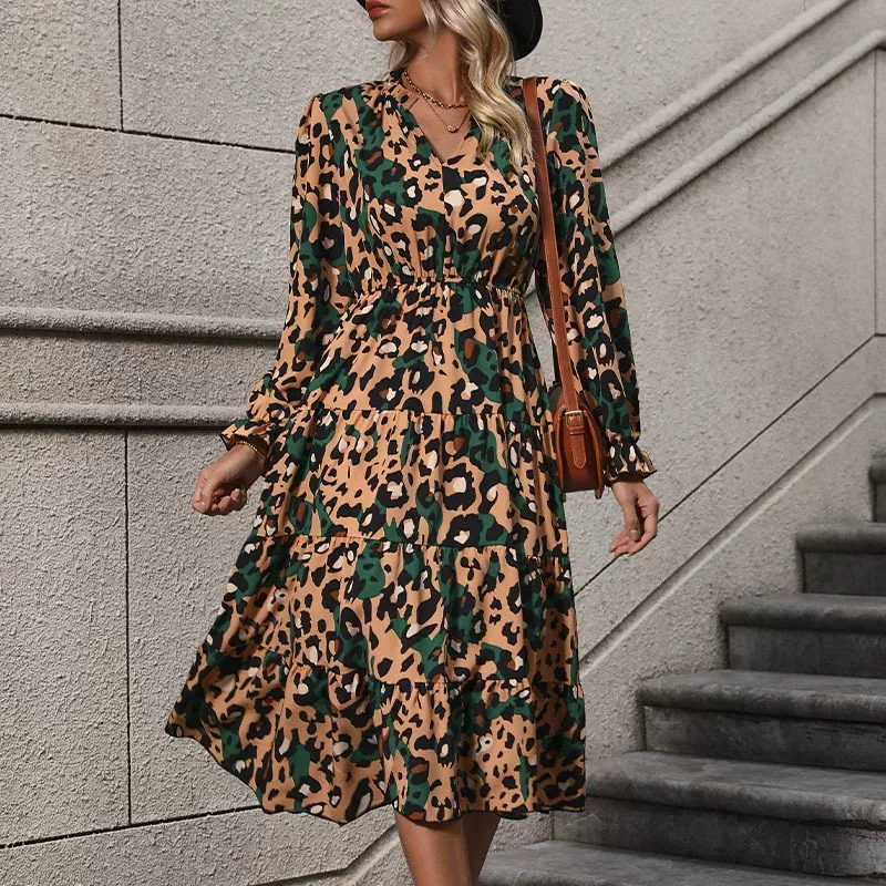 Long Sleeve Leopard Print Dress Mid Length Autumn Fashion Casual Wear Wholesale Available OEM OD
