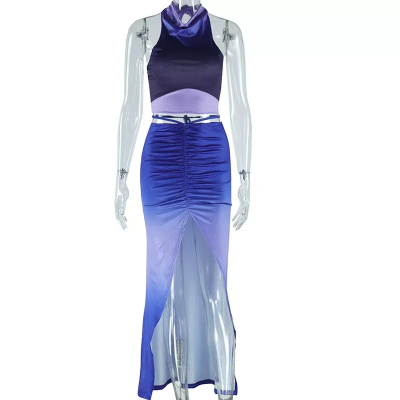 Fashion Floral Two Piece Set Sleeveless Backless High Slit Skirt Trendy for Summer Outings Whole