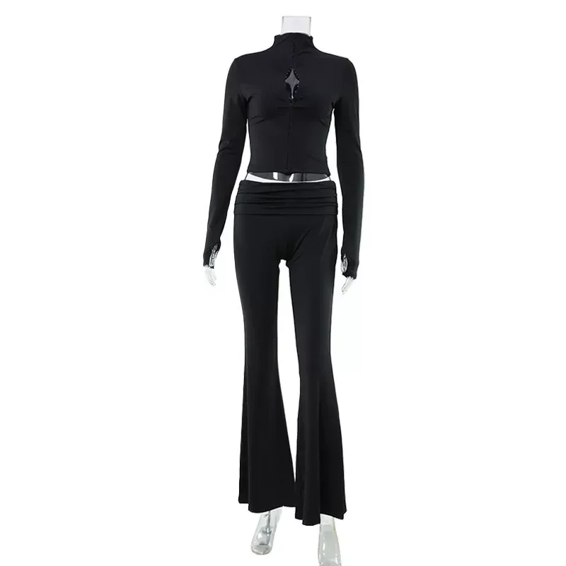 Fashionable Hollow Out Crop Top and Slim Fit Flare Pants Set Stylish Sexy Solid Color Spring and