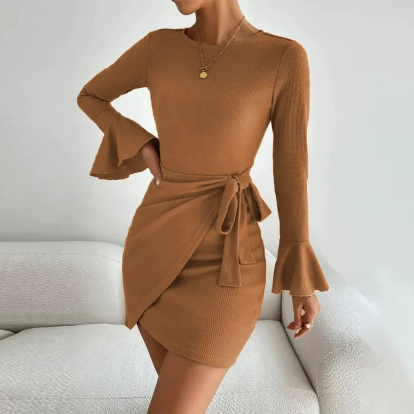 Womens A Line Dress Slim Fit Round Neck Long Sleeve Waffle Fabric Spring Summer Fashion Wholesal