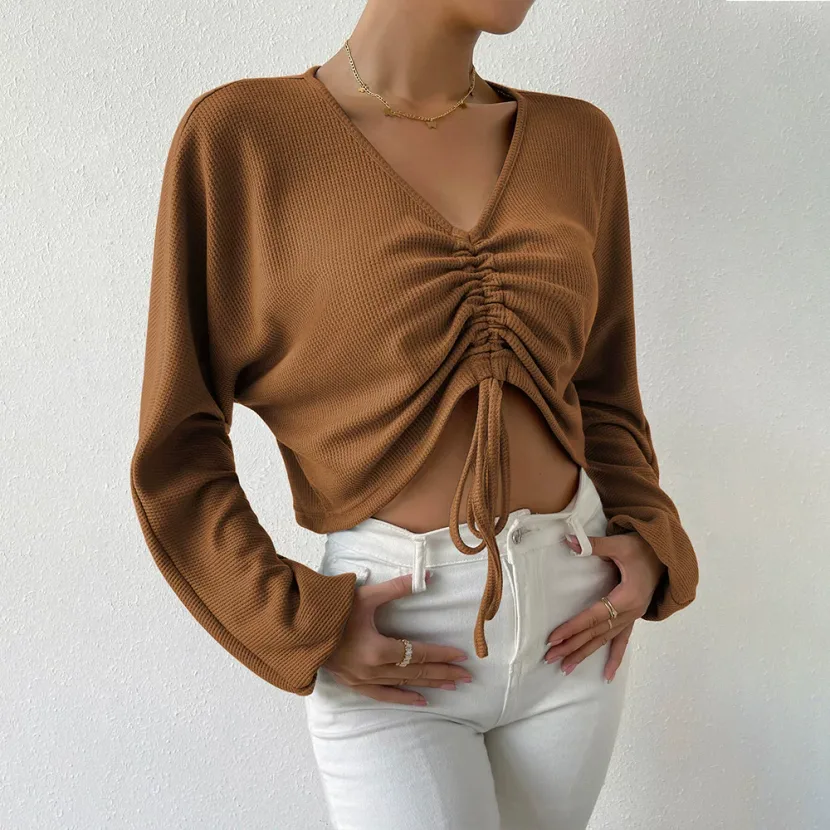 Loose Fit V Neck Long Sleeve T Shirt Casual Waffle Fabric Drawstring Detail Cropped Style Spring