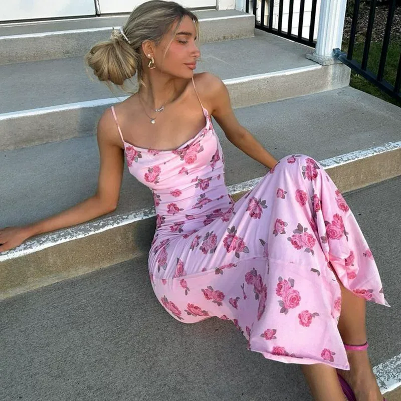 French Style Summer Maxi Dress Sexy Off Shoulder Floral Print Slim Fit Soft Pink Perfect for Par
