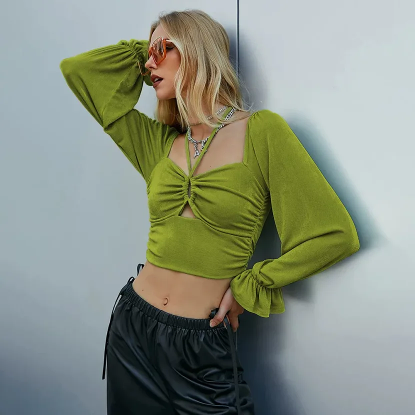 Womens Sexy Hollow Out Long Sleeve Crop Top Puff Sleeve Slim Fit Autumn Winter Style Wholesale A