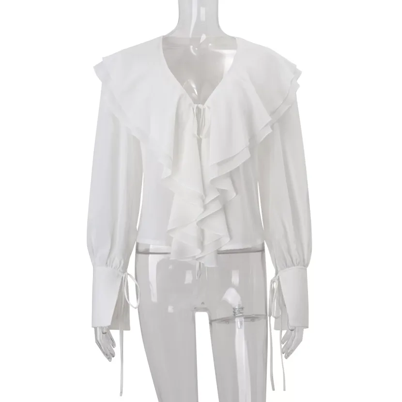 Chiffon Cardigan Top Ruffled Hem Lantern Sleeves Stylish Elegant Autumn Fashion for Women Wholes