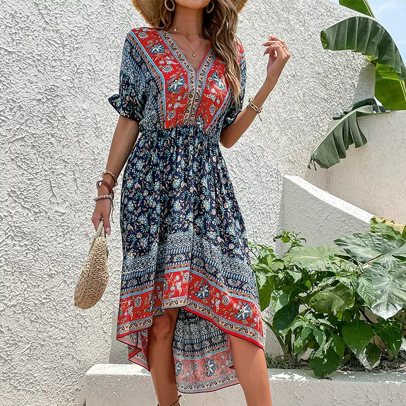 Summer Ethnic Print Irregular Dress Slim Fit Bohemian Style Vacation Wear Wholesale Available