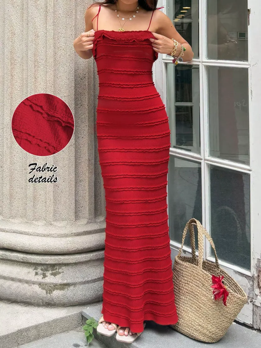 Red Lace Ruffled Cami Dress Slim Fit Elegant Design Unique Style Perfect for Parties and Special
