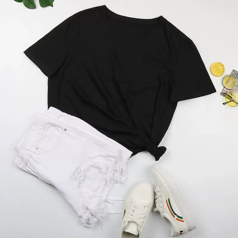 Womens Basic Round Neck Short Sleeve T Shirt 100 Cotton Solid Color Summer Style Wholesale Avail