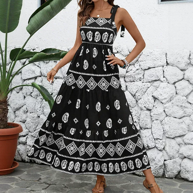 Casual Beach Vacation Maxi Dress Slim Fit Bohemian Print Spaghetti Straps Summer Wear Wholesale Available