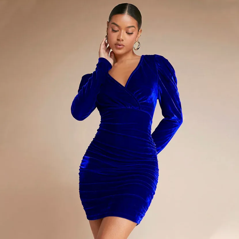 Velvet Mini Dress Sexy V Neck Long Sleeve Bodycon Fit Autumn Winter Party Wear Wholesale Availab