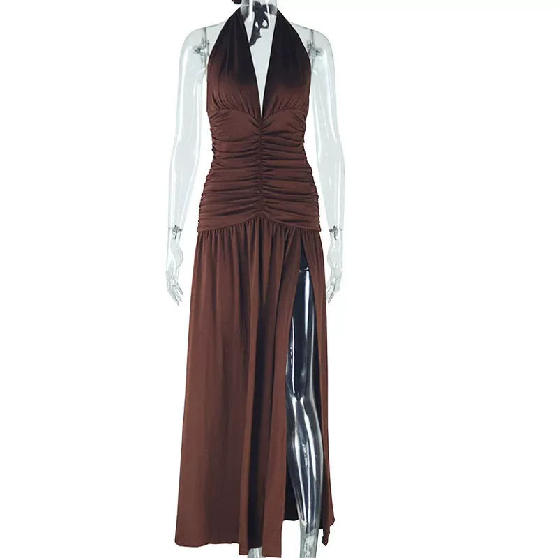 Sleeveless Deep V Neck Split Back Dress Solid Color High Slit Waist Defining Elegant Style Perfe