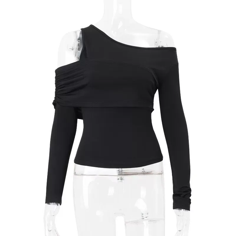 Slim Fit Long Sleeve Knit Top Solid Color Asymmetrical Neckline Versatile Style Spring Womens Fa