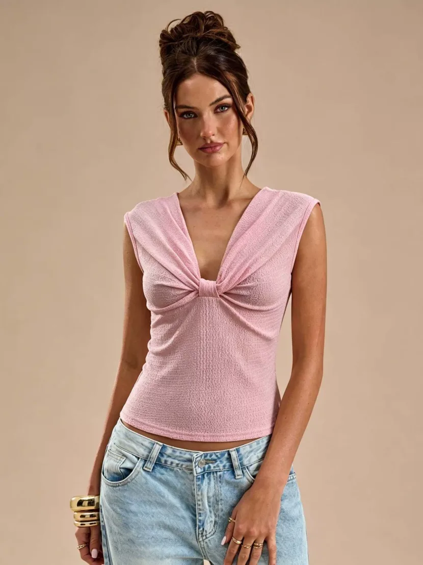 V Neck Sleeveless T Shirt for Women Slim Fit Textured Fabric Casual Summer Wear