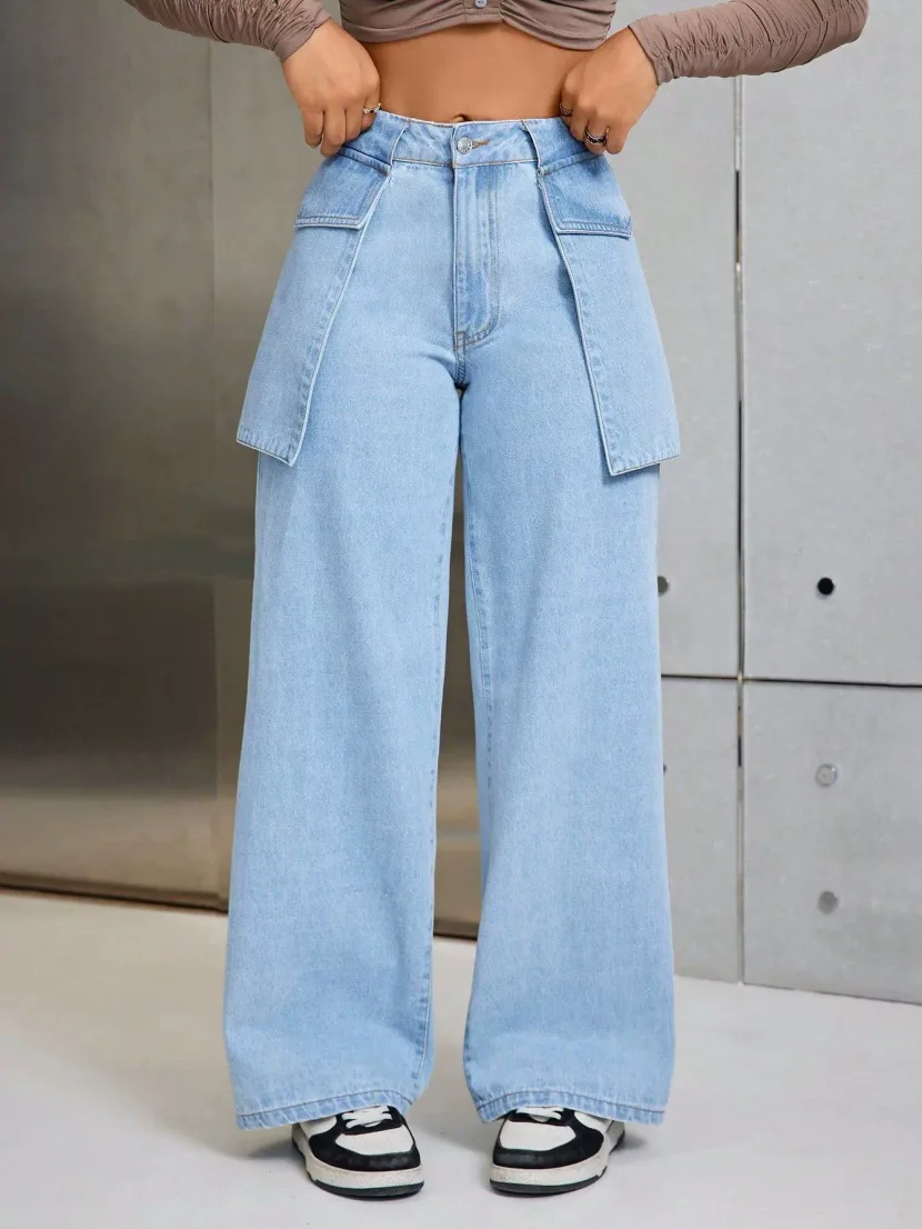Wide Leg Denim Trousers Casual Style Large Pockets Comfortable Fit Womens Fashion for Everyday W