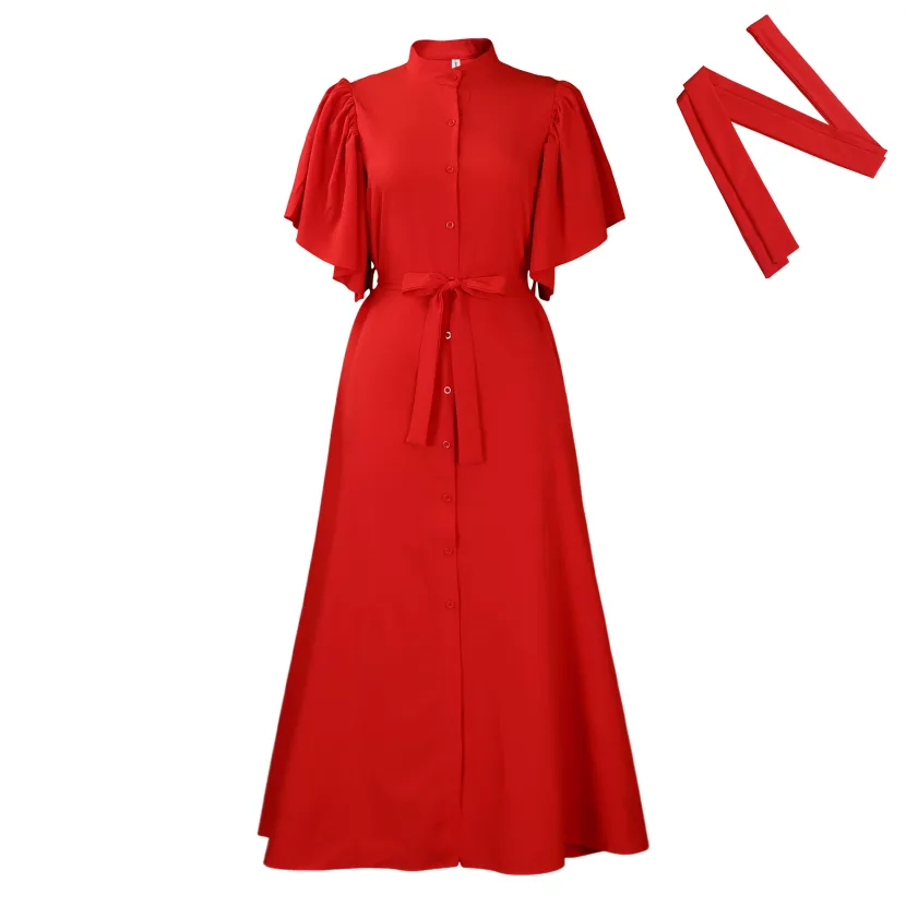 Fashionable Summer Long Dress Loose Fit Belted Single Breasted Flared Sleeves Perfect for Casual