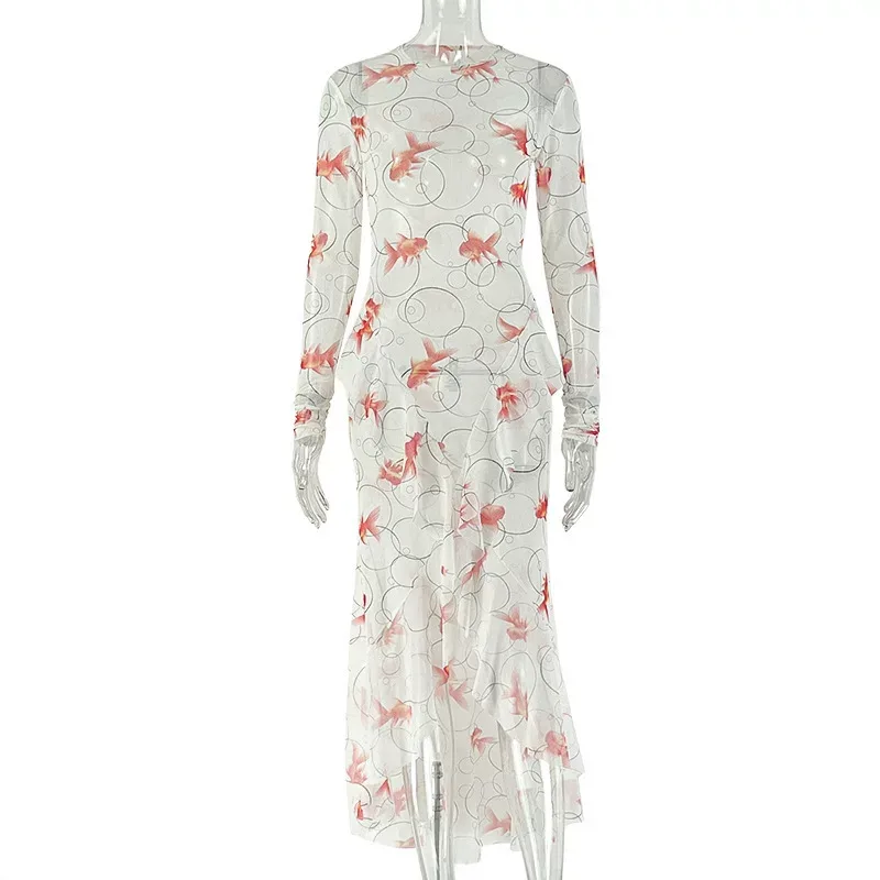 Womens Long Sleeve Bodycon Dress Fresh Goldfish Print High Neck Side Slit Casual or Party Wear O