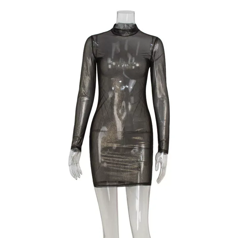 Womens Bodycon Dress Sheer Long Sleeves Gold Foil Detailing Slim Fit Elegant Evening Wear Wholes