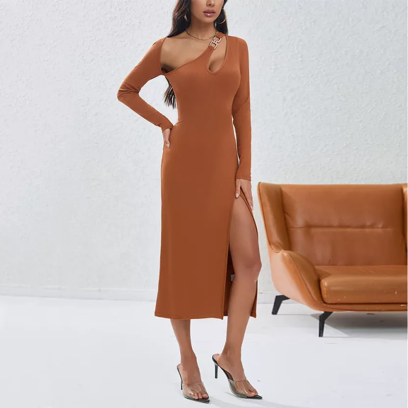 Womens Irregular Hollow Out Bodycon Dress Solid Color Asymmetrical Shoulder Fashionable Elegant