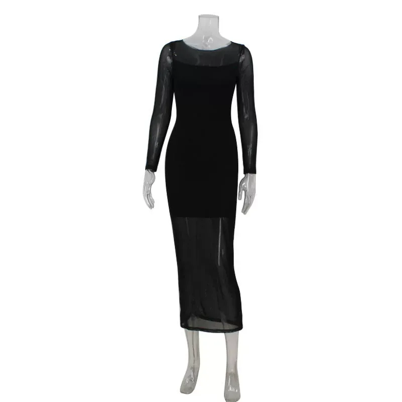 Elegant Long Sleeve Bodycon Dress with Round Neck and Sheer Mesh Panels Perfect for Red Carpet E