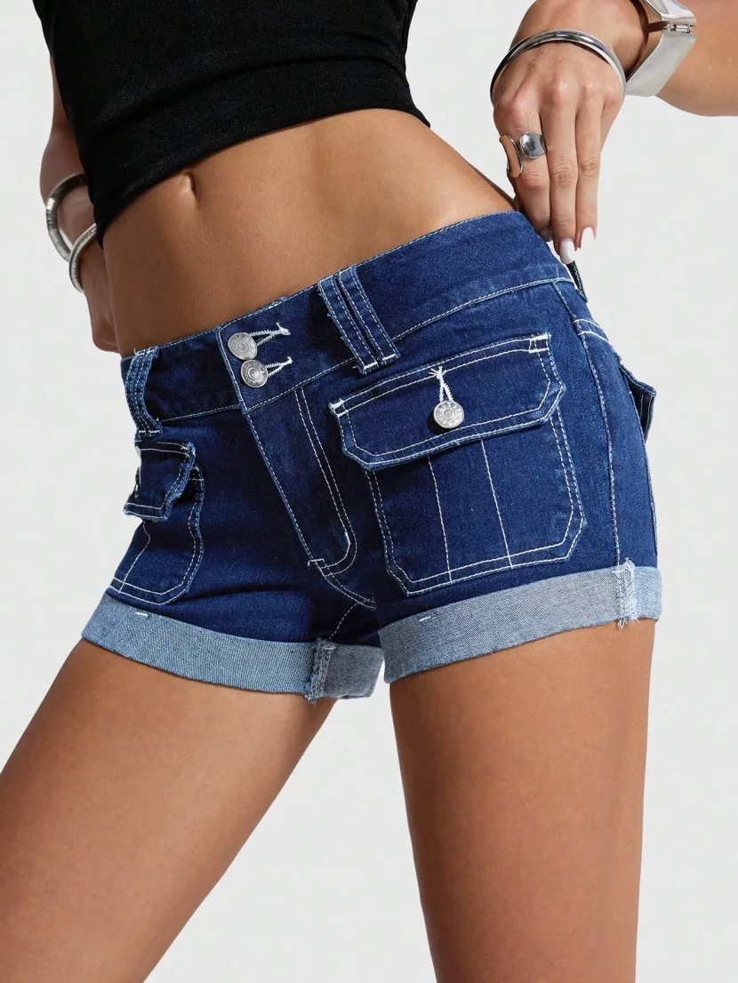Low Waist Stretch Denim Shorts for Women Casual Style with Pockets Versatile Everyday Wear Whole