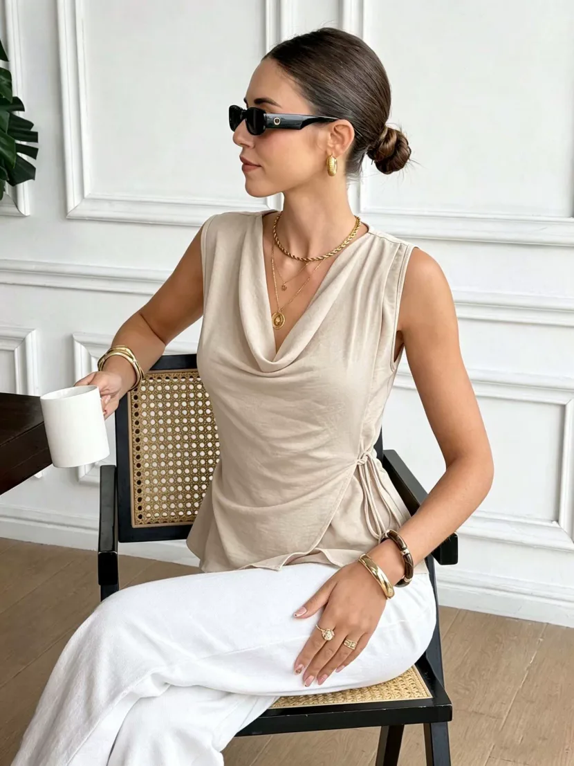 Sleeveless French Style Top Adjustable Drawstring Waist Irregular Hem Elegant Design Perfect for