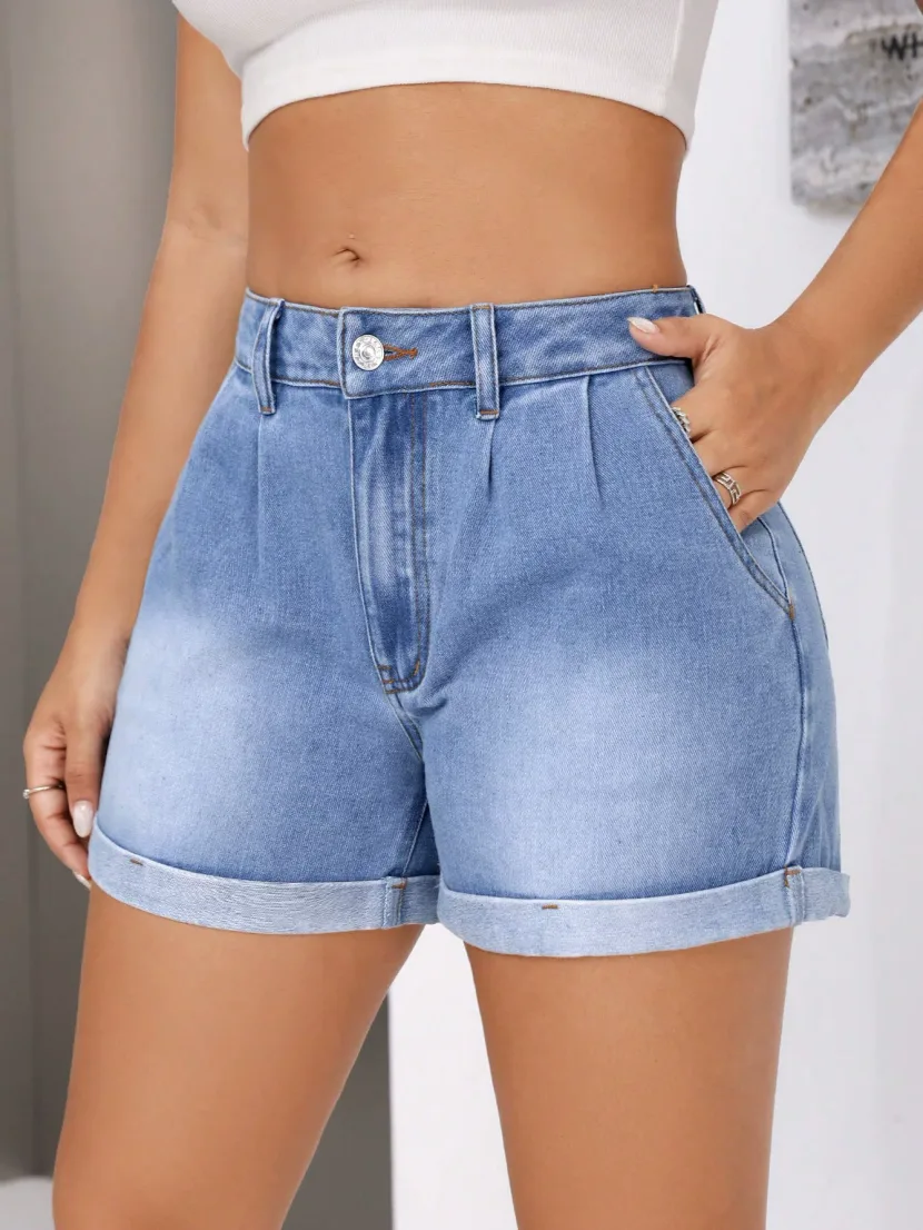 Loose Fit High Waisted Denim Shorts Versatile Flattering Rolled Hem Casual Summer Wear Wholesale