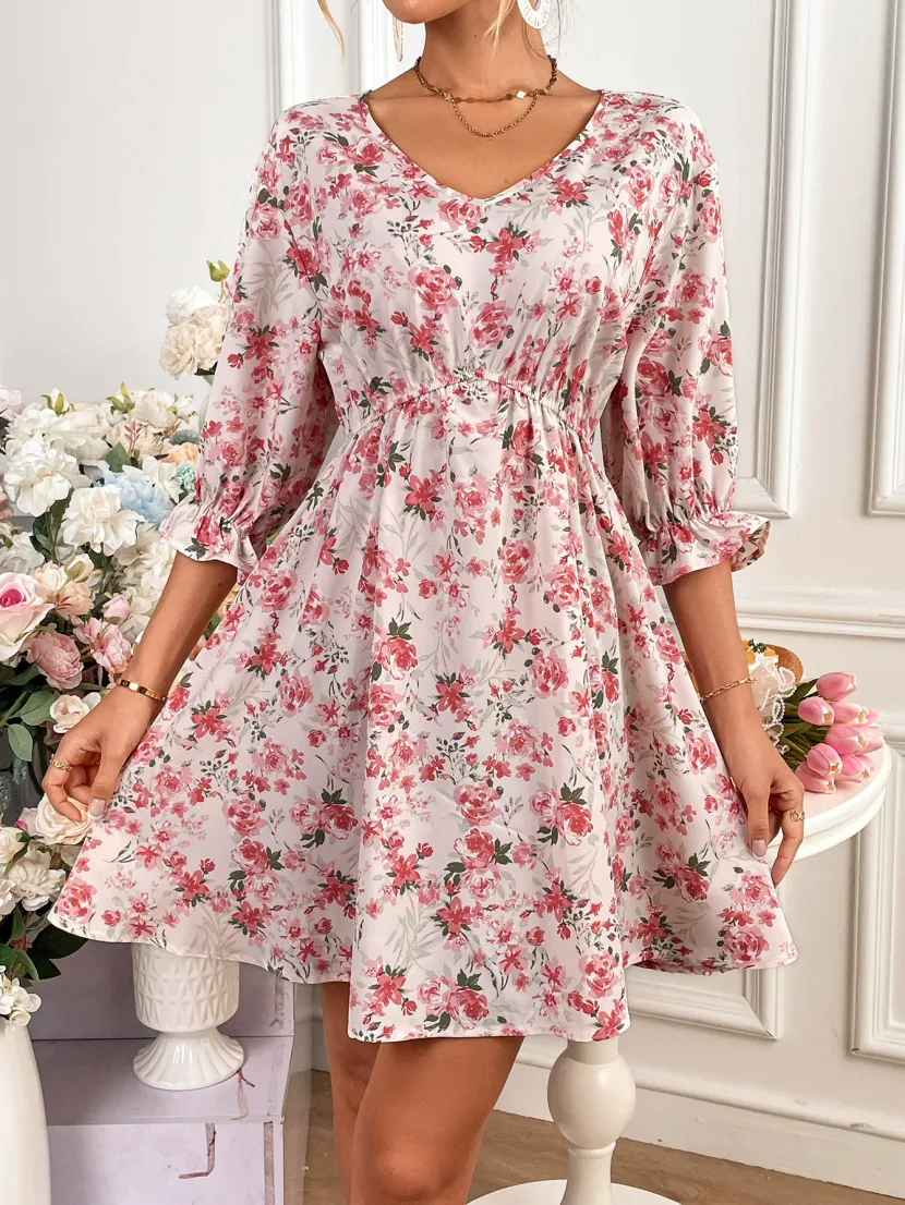 Floral Print Womens Dress Spring Ruffled Trim Tie Waist Color Block Design Casual Wear Wholesale