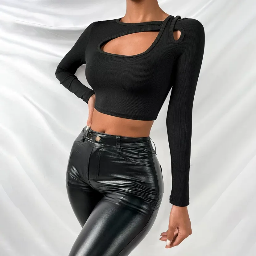 Slim Fit Long Sleeve T Shirt Sexy Short Style European and American Fashion Casual Wear for Wome