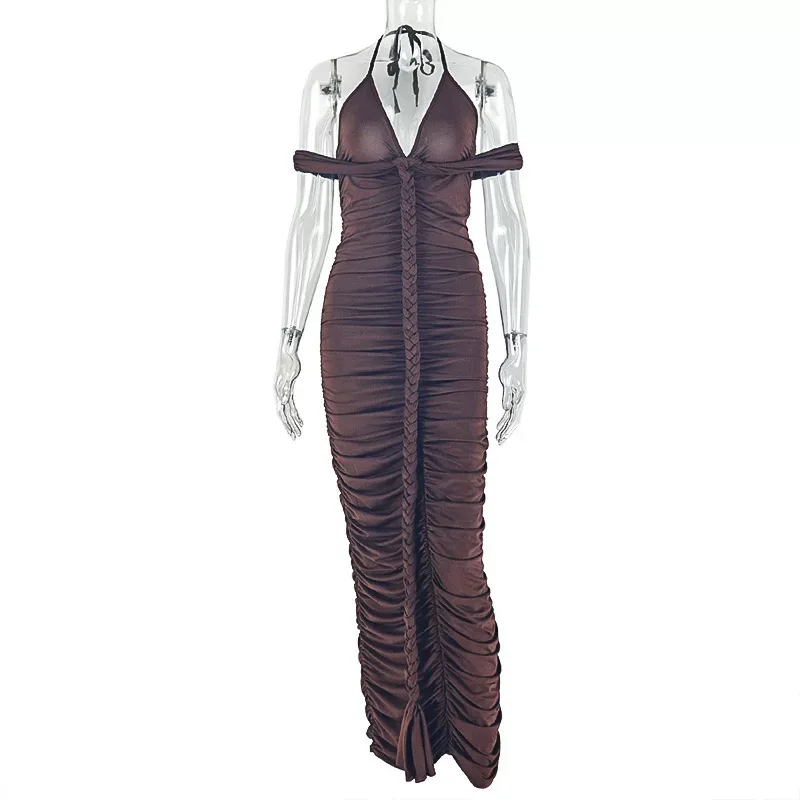 Casual V Neck Long Dress Solid Color Bodycon Fit Ruched Design Unique Style Perfect for Parties