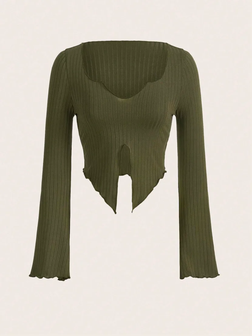 Irregular Split Long Sleeve T Shirt for Women Trendy European Style Ribbed Knit Fabric Versatile