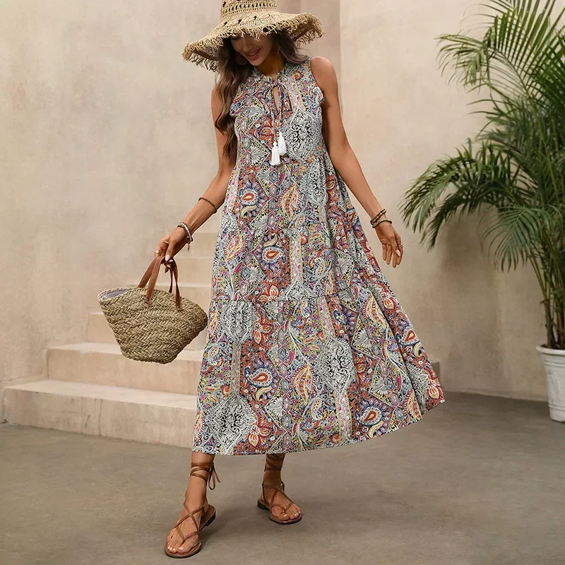 Vintage Bohemian Print Sleeveless Dress Stand Collar Drawstring Waist Relaxed Fit Perfect for Su