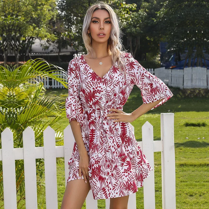 Tropical Print Short Sleeve Dress for Women Summer Vacation Style Available in Red and Blue Wholesale Supply