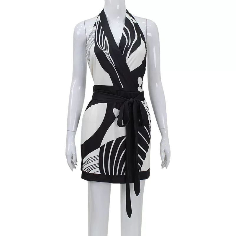 Nordic Style Floral Print Halter Neck Backless Dress Classic Design Waist Defined Short Length I